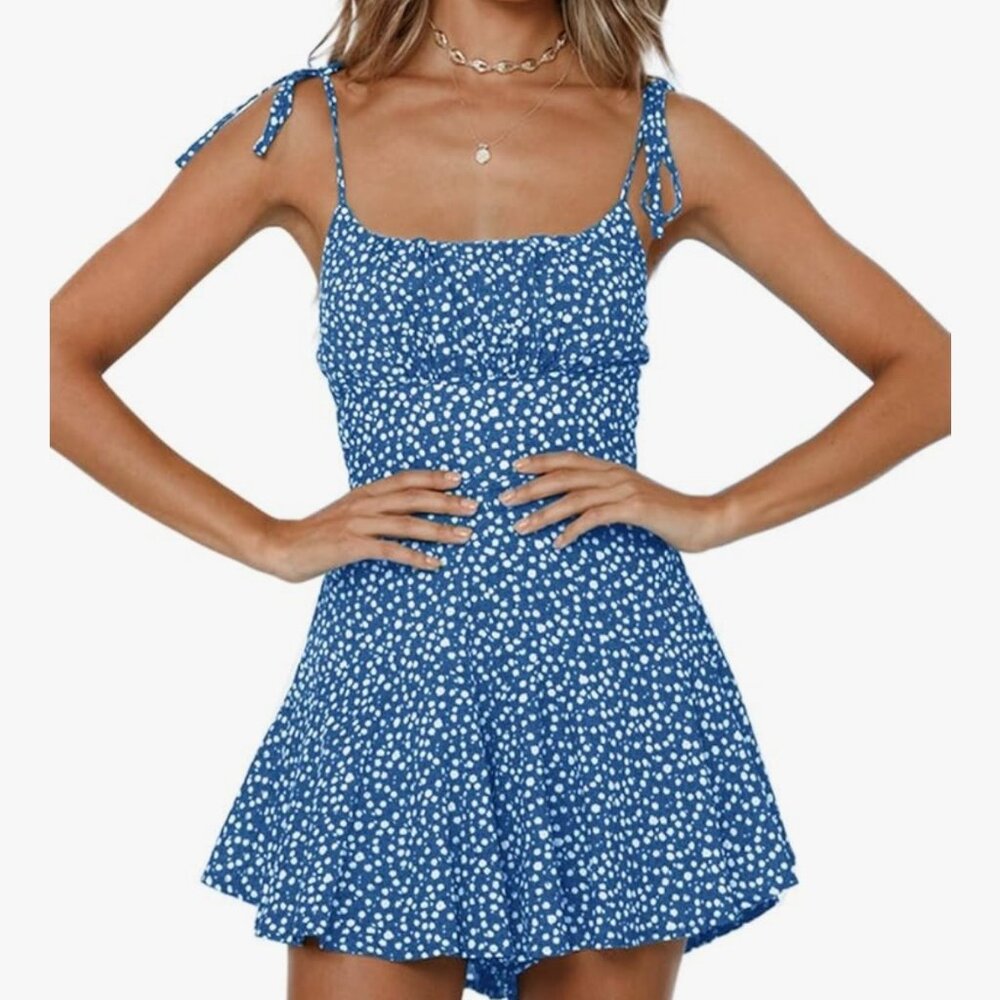 Blue Floral Smocked Romper – Boho Tie Strap Wide Leg Shorts – Size S